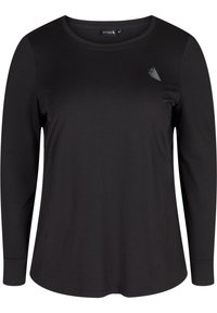 Zwarte longsleeve shirt van zacht katoen, met een ronde halslijn en een kleine driehoekige graphic op de linkerborst.