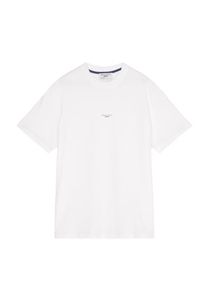 Weißes Baumwoll-T-Shirt mit kurzen Ärmeln, Rundhalsausschnitt und dezentem Text in der Mitte. Glatte Textur und entspannter Schnitt.
