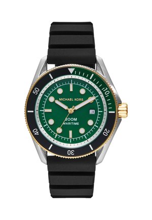 Zegarek Michael Kors z zieloną tarczą, złotymi akcentami, czarnym obrotowym bezelem, wyświetlaczem daty i czarnym gumowym paskiem, oznaczony wodoodpornością 200M Maritime.