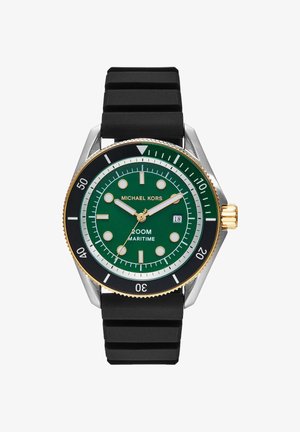 Reloj Michael Kors con esfera verde, detalles dorados, bisel giratorio negro, visualización de fecha y correa de caucho negra, marcado con resistencia al agua 200M Maritime.