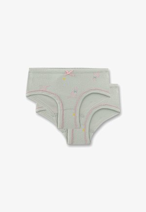 Zwei hellgraue Mädchen-Slips mit rosafarbenen Katzen- und Herzmotiven, rosa Einfassung und einer kleinen rosa Schleife in der Mitte des Taillenbundes.