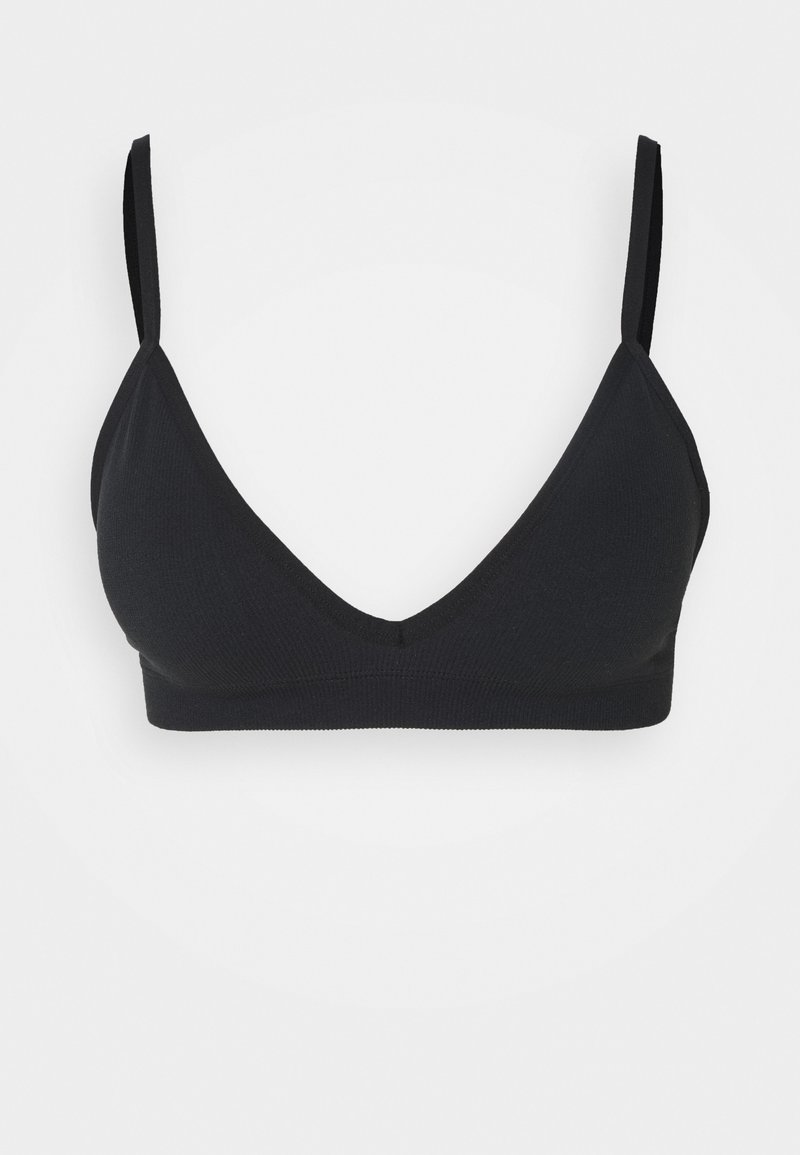 Bralette negra hecha de tela suave. Presenta un diseño de escote en V con tirantes delgados ajustables y un acabado sin costuras. No incluye relleno ni aros.