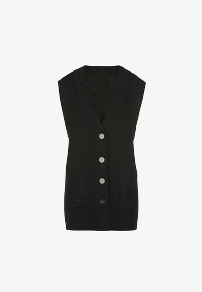 Zwarte mouwloze gebreide vest met diepe V-hals, vier knopen aan de voorkant en twee voorzakken.
