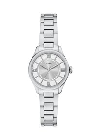 Montre-bracelet en acier inoxydable argenté avec un boîtier rond, des marqueurs en chiffres romains et un fini brossé sur le cadran. Équipée d'un bracelet à maillons.