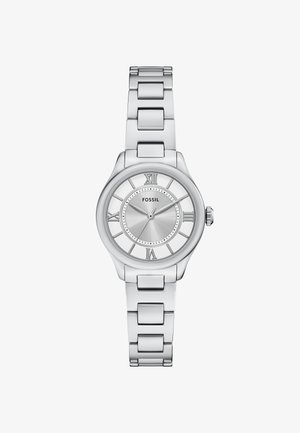 Silver stainless steel wristwatch with a round case, Roman numeral markers, and a brushed finish on the dial. Features a link bracelet.