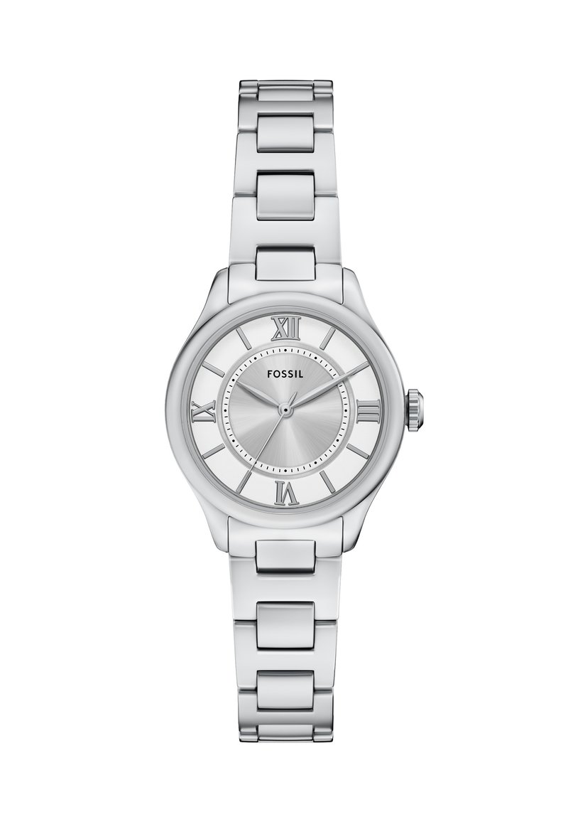 Montre-bracelet en acier inoxydable argenté avec un boîtier rond, des marqueurs en chiffres romains et un fini brossé sur le cadran. Équipée d'un bracelet à maillons.