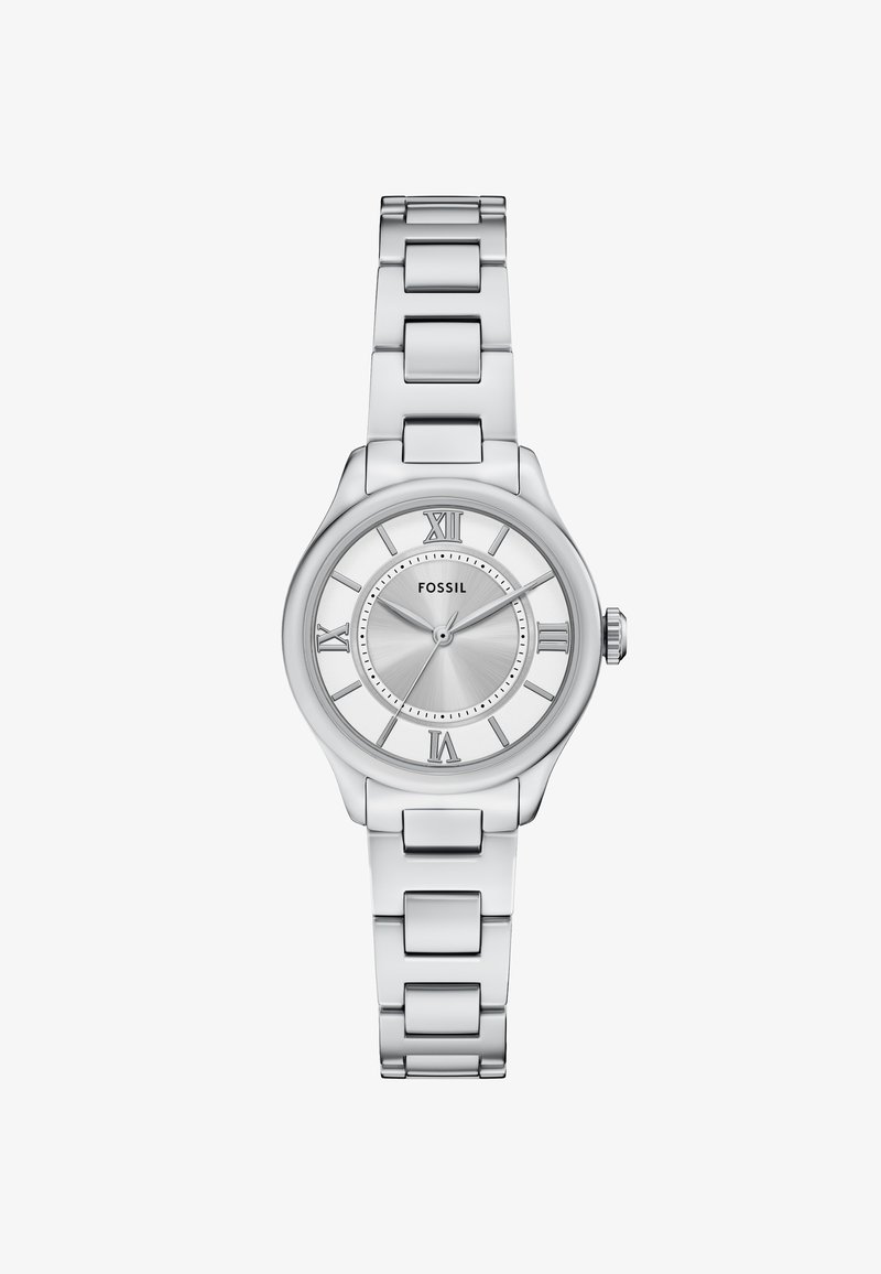 Montre-bracelet en acier inoxydable argenté avec un boîtier rond, des marqueurs en chiffres romains et un fini brossé sur le cadran. Équipée d'un bracelet à maillons.
