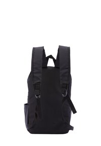 Black fabric backpack with padded shoulder straps, a zippered main compartment, and side pockets. Simple, utilitarian design.