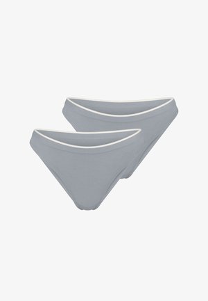 Two light grey bikini-style cotton underwear with white trim along the waistline, displayed against a white background.
