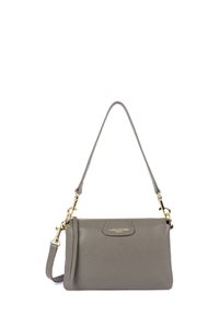 Borsa a mano in pelle grigia con accessori in oro, chiusura con zip e tracolla removibile. Presenta una superficie testurizzata e una piccola tasca frontale.