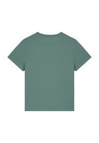 T-shirt à manches courtes en vert doux, fabriqué à partir d'un tissu doux. Il présente un col rond et un dos uni et épuré.