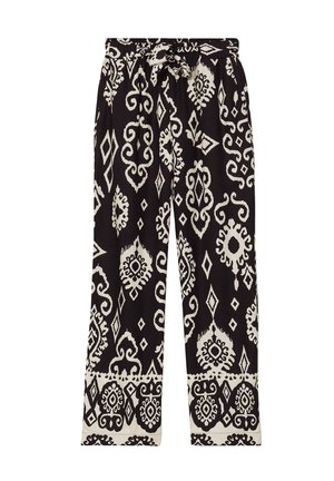 Zwarte en crèmekleurige broek met een brede pijpdesign. Heeft ingewikkelde motieven en een trekkoord in de taille. Zachte stoftextuur.