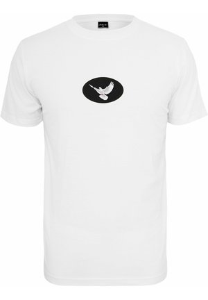 Hvid bomulds t-shirt med et sort ovalt grafisk design, der viser en hvid due i flugt, fremhævet med lyserøde accenter ved duens fødder.