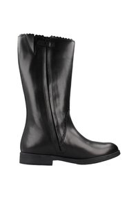 Botas de cuero negras hasta la rodilla con un acabado suave, borde superior con ondas, cremallera lateral y un tacón bajo y estructurado.