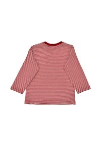 Rot-weißes Langarmshirt mit horizontalen Streifen, einem runden Halsausschnitt und einem lockeren Schnitt. Weicher Stoff mit glatter Textur.