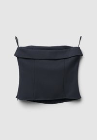 Dunkelblaues trägerloses Oberteil mit einem umgeschlagenen Ausschnitt, gefertigt aus einem glatten, strukturierten Stoff; es verfügt über Seitennähte und einen sauberen Saum.