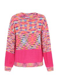 Mehrfarbiger Strickpullover mit einem rosa Abschnitt am unteren Ende, strukturierten Ärmeln und abwechslungsreichen Mustern in Lila, Blau und Gelb.
