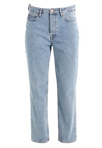 Jeans de tiro alto en un azul claro, hechos de denim, con pierna recta, diseño clásico de cinco bolsillos y costuras visibles a lo largo de las costuras.