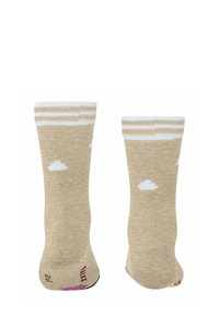 Beżowe skarpetki z białymi paskami na mankiecie i wzorami chmur. Teksturowany materiał z kolorowymi akcentami na palcach. Krótkie skarpetki sięgające kostki.