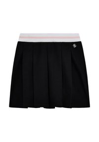 Black pleated skirt with a white and pink striped waistband. Features a silver logo accent on the front. Soft fabric texture.
