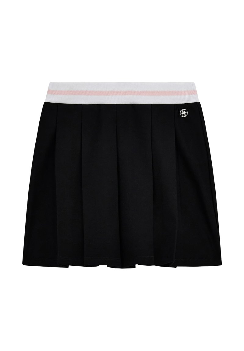 Black pleated skirt with a white and pink striped waistband. Features a silver logo accent on the front. Soft fabric texture.