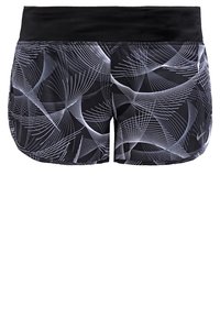Pantalones cortos deportivos negros con una amplia cinturilla negra. Los pantalones presentan un patrón abstracto geométrico blanco en toda la tela.
