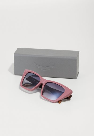 Pink square sunglasses with gradient lenses, plastic frame, and brown accents. Packaged in a simple gray box.