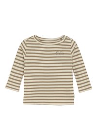 Langemouwig beige en witte gestreepte babyshirt met twee schouderknopen en de tekst "je bent zo geliefd" op de borst.