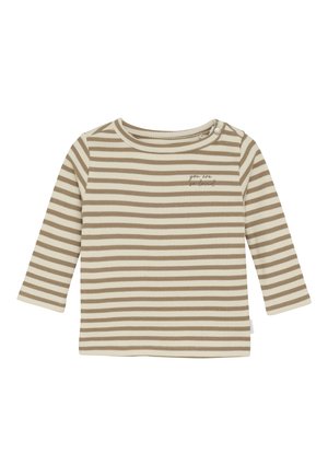 Langarm-T-Shirt für Babys in Beige und Weiß mit Streifen, zwei Schulterknöpfen und dem Text "Du bist so geliebt" auf der Brust.