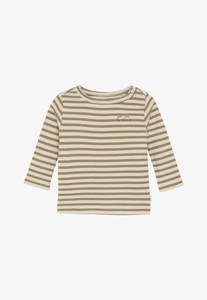 Langemouwig beige en witte gestreepte babyshirt met twee schouderknopen en de tekst "je bent zo geliefd" op de borst.