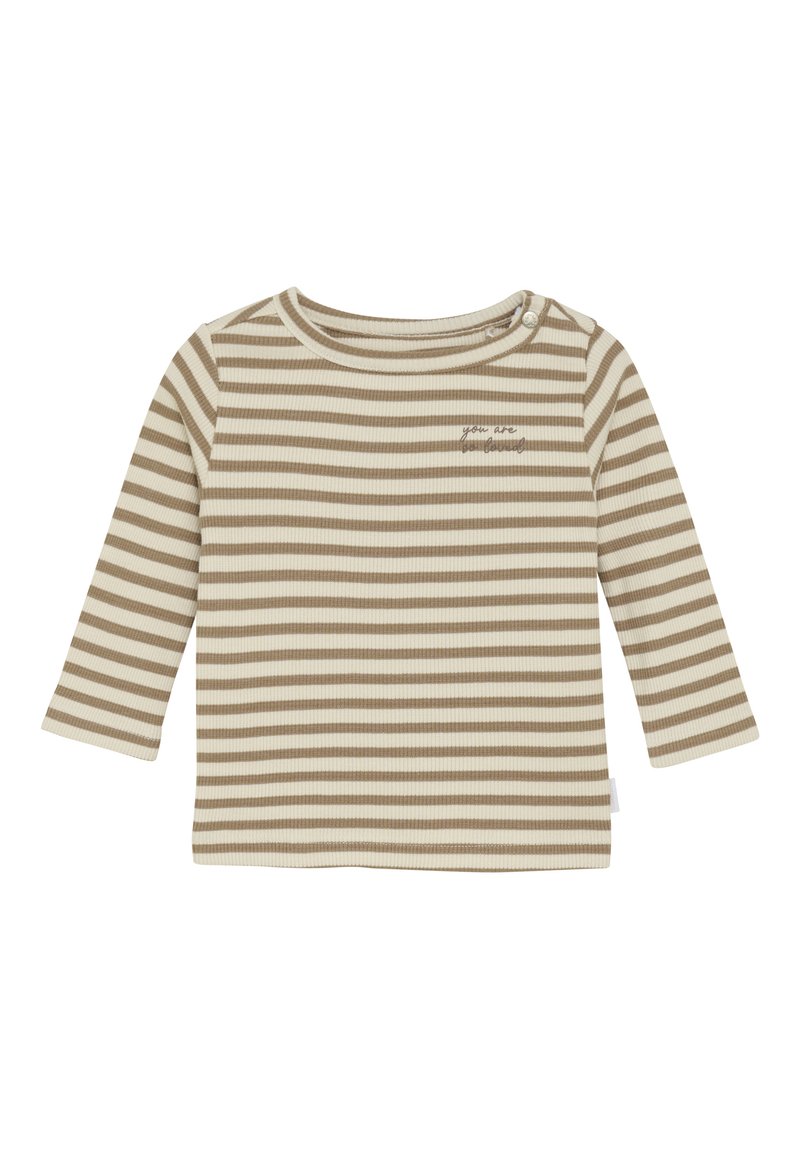 Langemouwig beige en witte gestreepte babyshirt met twee schouderknopen en de tekst "je bent zo geliefd" op de borst.