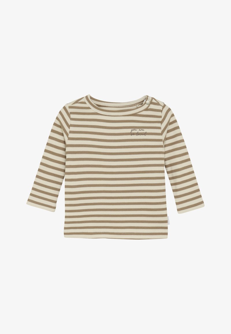 Langemouwig beige en witte gestreepte babyshirt met twee schouderknopen en de tekst "je bent zo geliefd" op de borst.