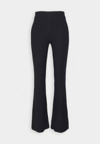 Zwarte flare-pantalon van ribstof, met een hoge taille en een gladde textuur, een aansluitend bovenstuk en een bredere broekspijpenopening.