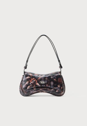 Black shoulder bag with a curved silhouette and intricate spider pattern, featuring a small silver-tone logo clasp on the front flap.