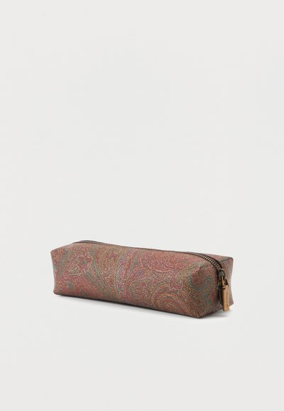 Rectangular fabric pencil case with zipper, featuring a detailed paisley pattern in red, gold, and teal tones on a light background.