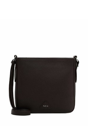 Black leather crossbody bag with a textured finish, triangular logo detail, and an adjustable strap for versatile carrying options.