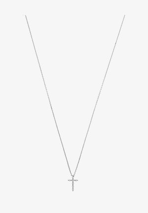 Collier en chaîne argentée avec un pendentif en croix orné de pierres transparentes, mettant en valeur un design délicat et une texture lisse.