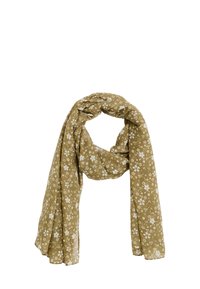 Bufanda floral de tela verde aceituna con flores blancas, de textura ligera y suave, drapeada y anudada en el centro para un look fluido.