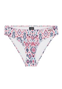 Bikini kelnaitės su baltu pagrindu ir daugiaspalve geometrine raštu, kuriame dominuoja rožinė, mėlyna ir tamsiai mėlyna spalvos. Yra minkštas juosmuo ir elastingas medžiaga.