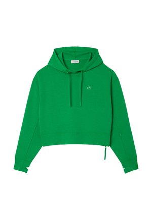 Sudadera corta verde hecha de tejido suave, con un bolsillo tipo canguro, capucha ajustable y pequeño logo bordado en el pecho.