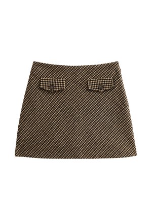 Falda a cuadros marrón y beige con un diseño ajustado, que presenta dos bolsillos de solapa con botones en la parte trasera. Tejido texturizado, dobladillo recto.