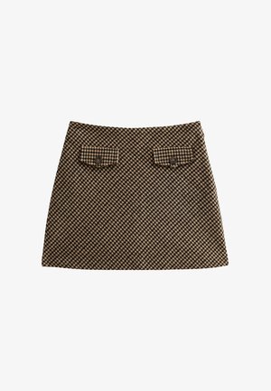 Gonna a quadre marrone e beige con design aderente, caratterizzata da due tasche a pattina con bottoni sul retro. Tessuto testurizzato, orlo dritto.
