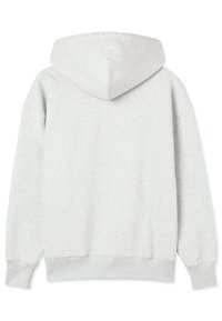 Light gray hoodie with a large hood, ribbed cuffs, and hem. Smooth texture, casual design, and no visible graphics or patterns.