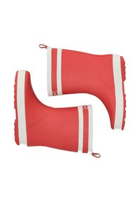 Bottes de pluie en caoutchouc rouge avec des rayures blanches, dessus arrondi, semelles texturées et poignées pour un enfilage facile. Fini lisse et design durable.