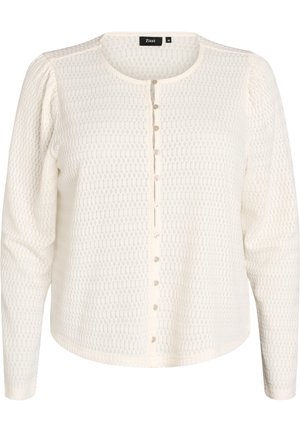 Kremhvid, tekstureret cardigan med lange ærmer, rund hals og knaplukning foran, mellemstørrelse, Zizzi-mærke synligt.