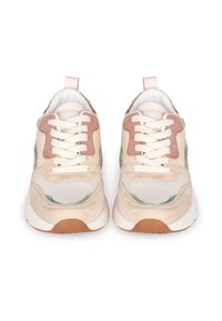 Beige and pink athletic shoes with mesh and suede materials, round toe, flat white sole, and lace-up front. Features a soft, textured body.