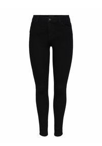 Jean skinny noir en denim, avec une taille mi-haute, cinq poches et fermeture à bouton à l'avant. Texture lisse avec un minimum de détails.