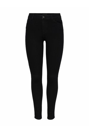 Μαύρα στενά τζιν από денίμ, με μέση μέσου ύψους, πέντε τσέπες και κλείσιμο με κουμπί μπροστά. Λείος υφή με ελάχιστες λεπτομέρειες.