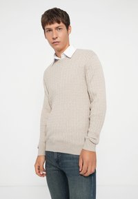 Joven vistiendo un suéter de punto beige sobre una camisa blanca de cuello y jeans azules frente a un fondo blanco liso.