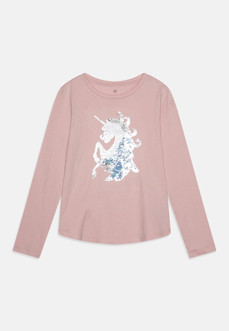 Rozā garām piedurknēm T-krekls ar sudraba un zila sekvīnu vienradža dizainu priekšā, apaļu kakla izgriezumu un brīvu piegriezumu.